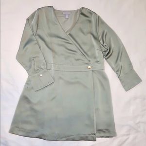 HM sage green long sleeve silk wrap dress